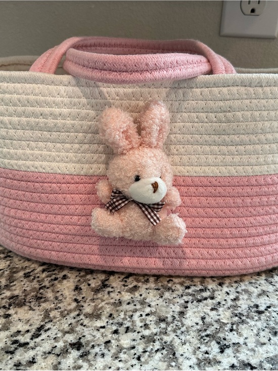 Other - Pink & Cream Rope Basket Bag with Plush Bunny Accent